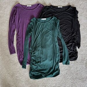 3-Pack Ruched Long Sleeve Maternity Tops - Plum, Forest Green, Black